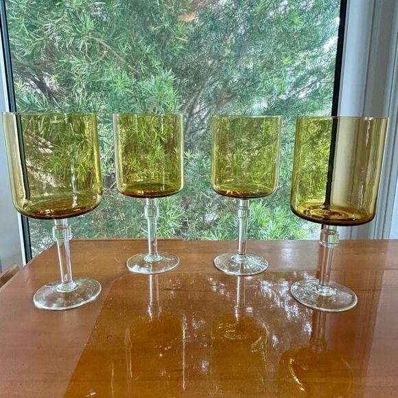 Vintage Amber Stemmed Glasses Set of 4 – Mid-Century Modern Cylindrical Goblets - Picture 2 of 16